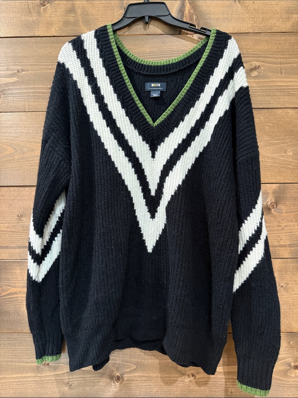 Anthropologie Black V-Neck Sweater with White Chevron Stripes and Green Trim